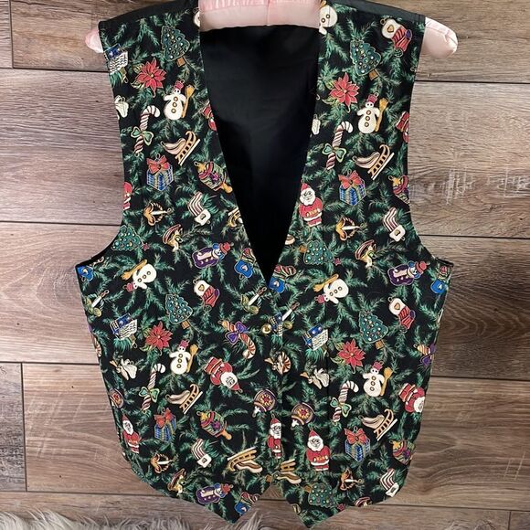 Vintage Holiday Christmas Womens Vest Large Santa & Snowmen Print Vintage - Picture 3 of 6